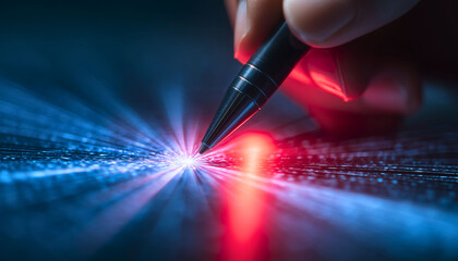 Hand holding pen creating bright light streaks on a dark surface