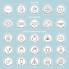 Vector Cosmetic Icons Set for Skin Types Concerns and Safety Claims in Minimal Outline Style