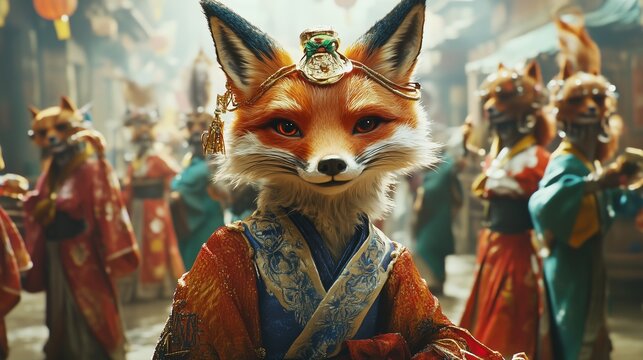 Fox in traditional oriental dress. Fox dancer in costume. A dancer in a studio with passion and creativity. A fox wearing a lifestyle classic asian garment. - Powered by Adobe