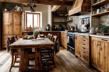 Cozy farmhouse kitchen with rustic wooden furniture and a homely feel.
