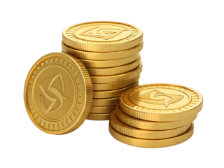 Two Stacks of Shiny Golden Coins with Embossed Symbol Isolated on Black Background Realistic 3 D Render of Wealth and Cryptocurrency Concept