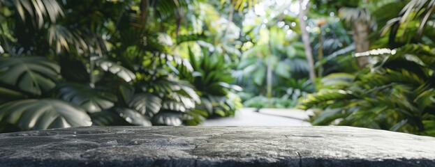 Obraz premium Empty gray stone table jungle background tropical.