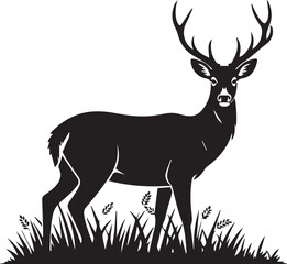 deer silhouette vector with large antlers standing on grass for nature and wildlife designs