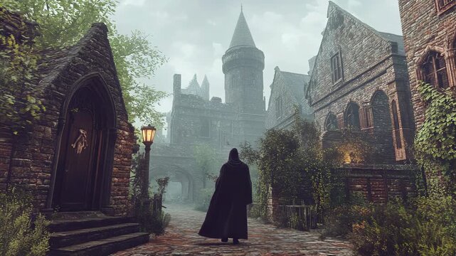 Cloaked man walking on an ancient brick path leading to a majestic medieval castle under dramatic sky
