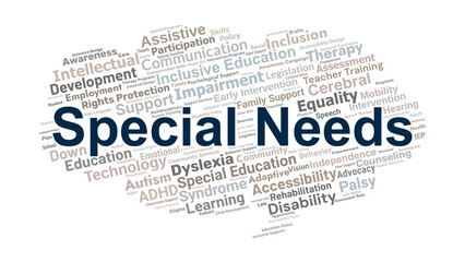 Special Needs Word Cloud. Key Terms On Disability, Inclusion, Education, Therapy, Accessibility, Rights, And Support For Diverse Learning And Developmental Needs.
