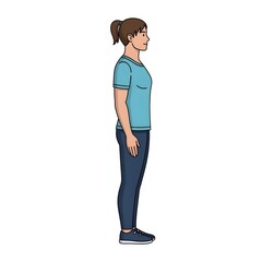 Fototapeta premium Side profile of a woman standing upright, wearing a blue t-shirt and dark pants on a white background.