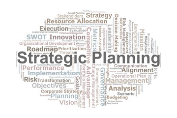 Strategic Planning Word Cloud. Key Concepts On Goals, Vision, Mission, Roadmap, Execution, Risk Management, Leadership, And Organizational Success.
