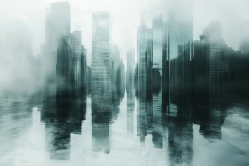 Foggy urban skyline reflects in water creating an ethereal atmosphere in the city