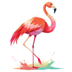 Naklejka premium Vibrant pink flamingo standing on one leg with watercolor splashes