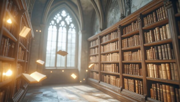 Mysterious ancient library interior with flying glowing books in magical light, spooky gothic atmosphere, fantasy halloween concept with enchanted old books and haunted architecture background