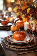 Cozy fall dinner table setup in vertical composition, with autumn leaves, candles, pumpkins, elegant dining ware, and professional catering styling for festive seasonal gathering
