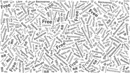 Free word cloud in multiple languages diagonally arranged on white background for poster, label, infographic, or presentation design