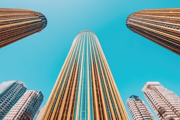 Low-angle view of three tall, cylindrical skyscrapers against a clear blue sky