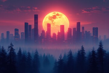 Fototapeta premium Vibrant sunset illuminating a modern city skyline with lush forest foreground