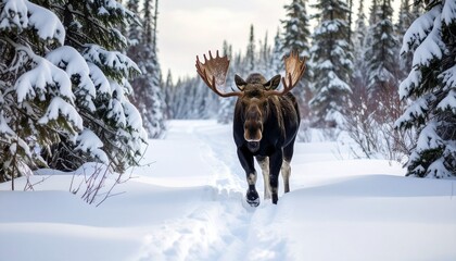 Majestic Moose Strolling Through a Serene Winter Wonderland Forest Path with Fresh Snow