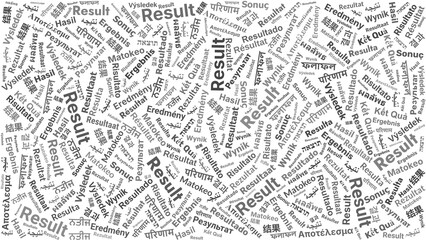 Result word cloud in multiple languages arranged diagonally on white background for poster, infographic, or presentation design