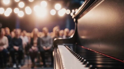 Elegant Black Piano on Stage with Audience in Background