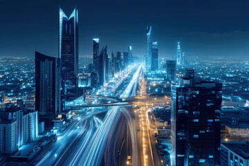 Fototapeta premium Modern city skyline illuminated at night showcasing vibrant urban life and architecture