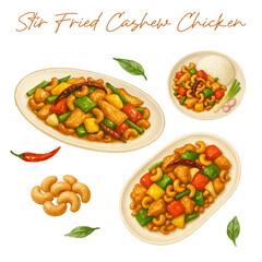 Stir Fried Cashew Chicken Watercolor Illustration Style