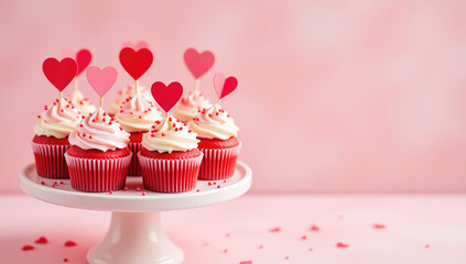 Valentine cupcakes in elegant food photography in soft pink and white palette representing romance,dessert styling and celebration visuals for bakery promotion, love-themed marketing with copy space