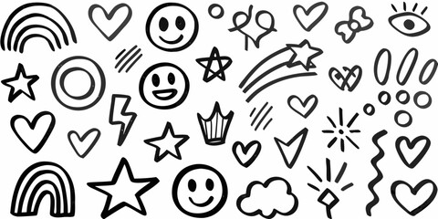 Black and White Hand Drawn Doodle Icons and Symbols on White Background illustration