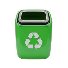 Bright green mini recycling bin with universal recycle symbol isolated on transparent background
