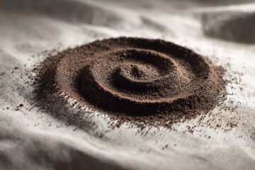 Ground coffee powder arranged in a spiral design on a textured fabric surface for culinary or beverage concept imagery