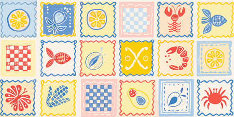 Colorful Mosaic of Food and Nature Motifs in Hand Drawn Style on Cream Background