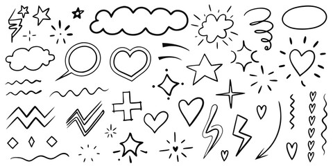 Diverse Set of Hand Drawn Doodle Icons Featuring Hearts Stars Clouds and Geometric Shapes