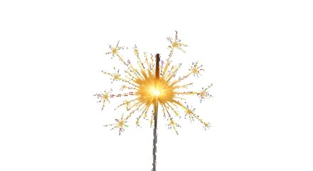 A single sparkler with a bright yellow glow and radiating sparks, isolated on a white background, perfect for celebrations and festive occasions
