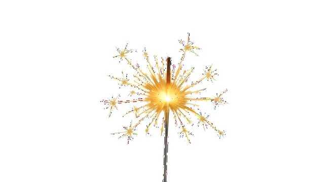 A single sparkler with a bright yellow glow and radiating sparks, isolated on a white background, perfect for celebrations and festive occasions