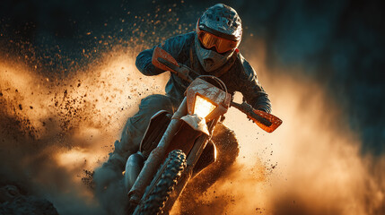 An enduro motorcyclist in full gear races down the track, throwing dirt and dust into the air.
