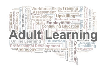 Adult Learning Word Cloud. Key Concepts On Lifelong Education, Skills Development, Digital Training, Career Growth, And Adult Education Policy For Global Workforce.