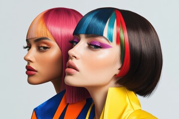 Bold graphic layouts showcase trendy hairstyles with vibrant colors and striking designs