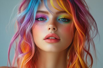 Fototapeta premium Trendy graphic layouts showcasing vibrant beauty with colorful hair and creative makeup designs