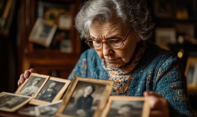 Elderly woman with a nostalgic expression, holding and gazing at vintage photographs, reminiscing about past memories. This image symbolizes the challenges of dementia, Generative AI