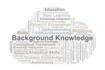 Background Knowledge Word Cloud. Key Concepts On Learning, Education, Understanding, Context, Competence, Literacy, And Expertise In Knowledge Development.