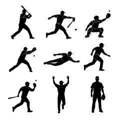 set of silhouettes of baseball player swinging the bat with different pose, gesture. batter. isolated on white background. vector illustration.