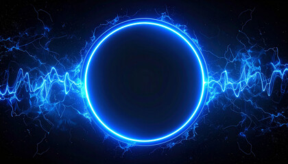 Glowing neon circle pulsing with electric blue light on dark backdrop. Futuristic energy shape.