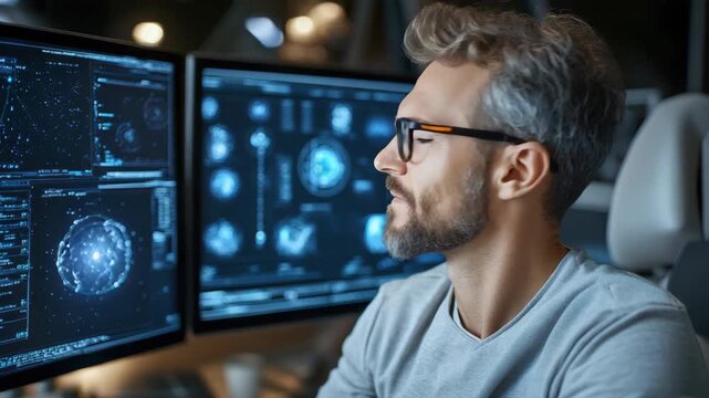 Focused professional conducting data analysis across multiple computer screens modern workspace