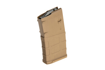 A lightweight tan rifle magazine for 7.62x51 caliber, featuring a sturdy polymer construction and ergonomic grip, isolated against a white backdrop.