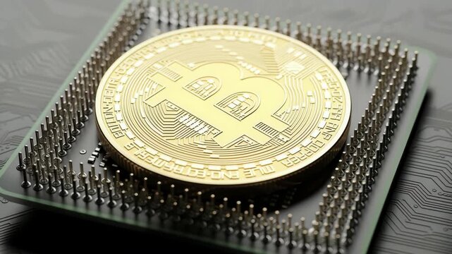 Bitcoin cryptocurrency coin on a computer processor symbolizing digital finance and technology