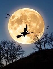 Cinematic Moonlit Witch on Broomstick Over Hill
