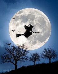 Dramatic Halloween Witch Flying in Front of Moon