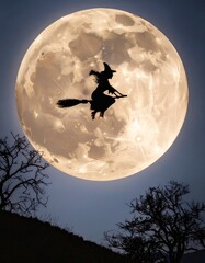 Silhouette of Witch Against Glowing Full Moon Landscape
