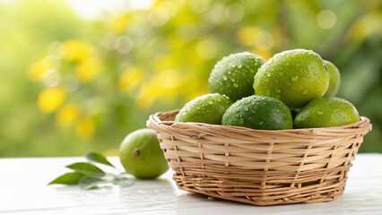 Green Lemons in basket with water drop on white surface in natural warm sunlight background