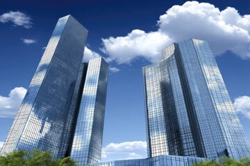 Obraz premium Two modern skyscrapers against a vibrant blue sky, reflecting clouds