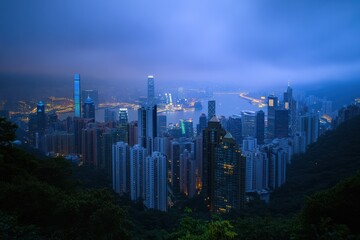 Fototapeta premium Panoramic city skyline of Hong Kong illuminated at dusk with clouds and vibrant skyline