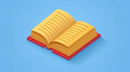 An isometric illustration of an open book with yellow pages and red cover isolated