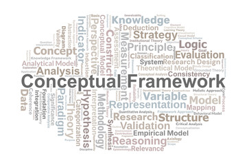 Conceptual Framework Word Cloud. Core Ideas On Theory, Models, Research, Methodology, Variables, And Analytical Structures For Academic And Scientific Inquiry.
